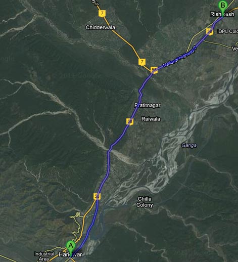 Road Map Haridwar to Rishikesh